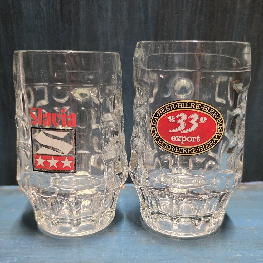 1980's Textured Barrel Shaped Clear Glass Beer Mugs with Red and Black Accents